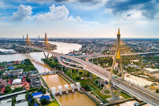 Aeriel view of Beautiful bridge and cityscape in Bangkok, Thailand.