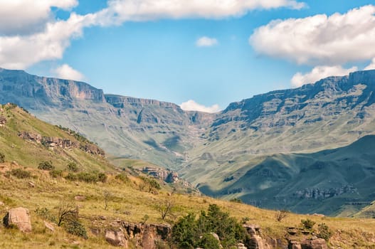 Landscape on the road to the Sani Pass border post near Himeville, in the Kwazulu-Natal Province. The hairpin bends of the Sani pass is visible in the back