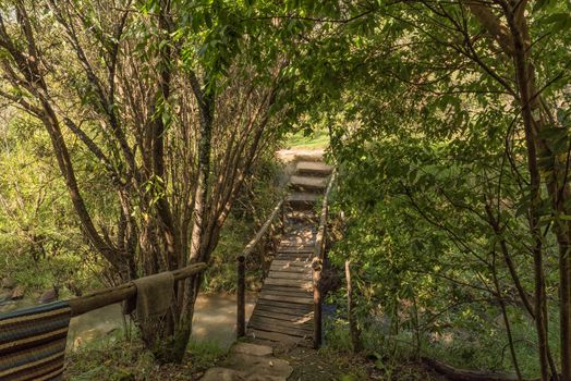 A pedestrian bridge at the Sani Backpackers Lodge near Himeville, in the Kwazulu-Natal Province