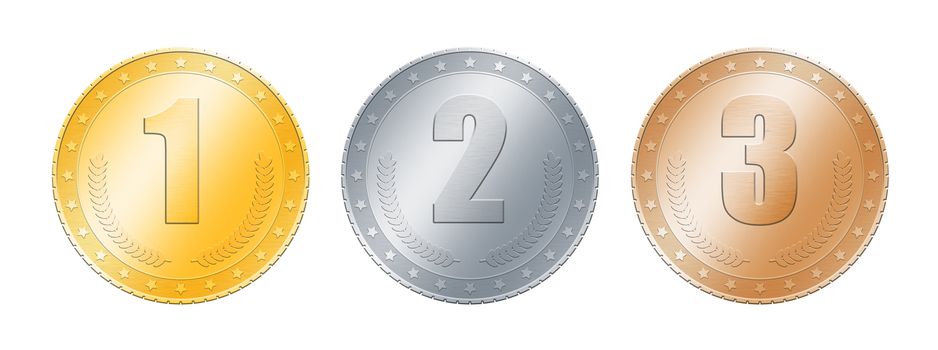 Close up metal (gold, silver and bronze) blank coins or medals template or award achievement badges with one, two, three numbers, isolated on white background