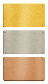 Close up three studded metal badge plates (golden, silver and copper) isolated on white background