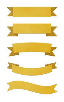 Set of five different brushed gold metal ribbon banners isolated on white background