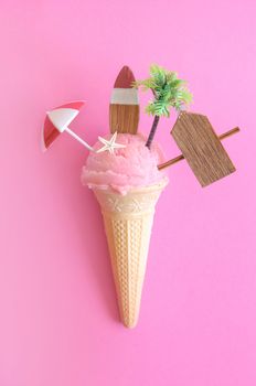 Strawberry icecream with summer beach objects