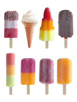 Set of ice popsicles over a white background