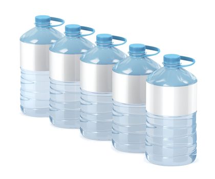 Row of five big water bottles on white background