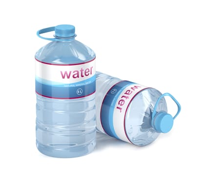 Two big water bottles on white background, 3D illustration