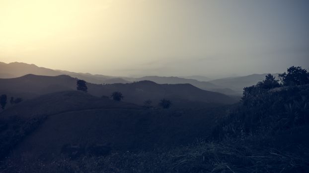 Landscape of forest mountains among mist on sunset