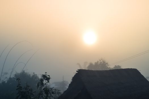 Cottage in the village among mountain and fog