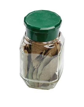 Jar of bay-leaf closed with green lid isolated on white