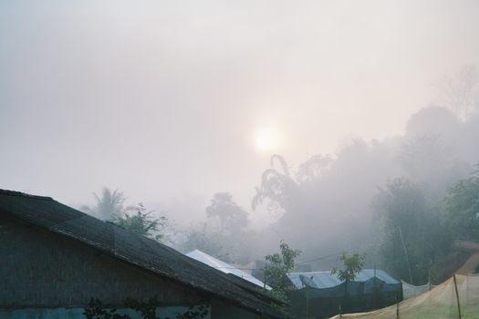 Cottage in the village among mountain and fog