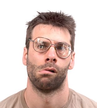 Goofy man with broken vintage glasses - Isolated on white