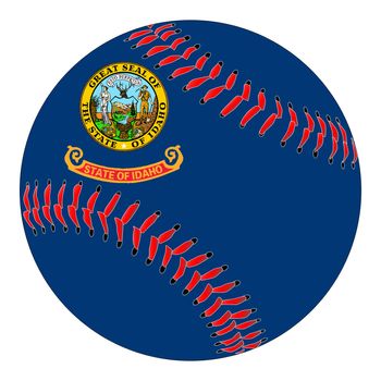 A new white baseball with red stitching with the Idaho state flag overlay isolated on white