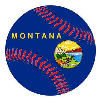 A new white baseball with red stitching with the Montana state flag overlay isolated on white