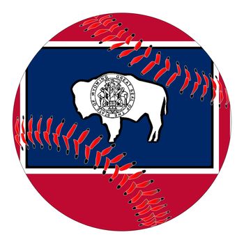 A new white baseball with red stitching with the Wyoming state flag overlay isolated on white