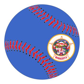 A new white baseball with red stitching with the Minnesota state flag overlay isolated on white
