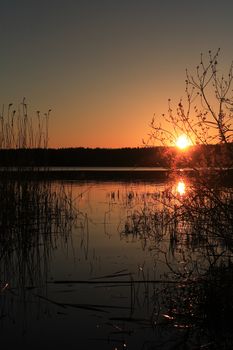 Summer outdoor background. Nice lake in forest under sunset