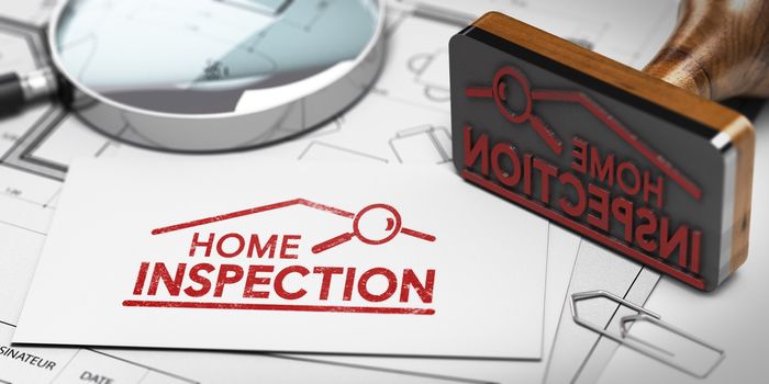 3D illustration of home inspector business card with rubber stamp, magnifier and blueprint