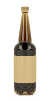 Big plastic beer bottle with blank label on white background