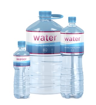 Water bottles with different sizes on white background