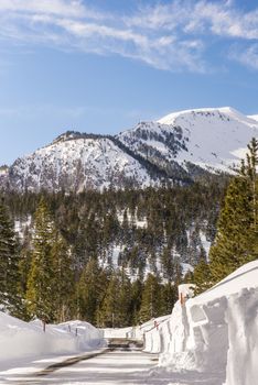 Snow-cleared road in Mammoth Lakes, California, January 2017, a record snow-fall year