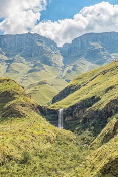 An unnamed waterfall as seen from the Sani Pass near Himeville, in the Kwazulu-Natal Province of South Africa