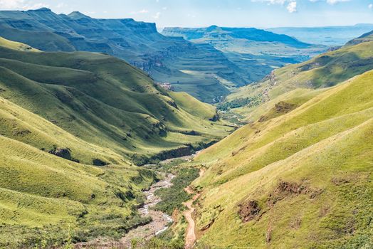 The view from the Sani Pass back towards the South African Border Post, between the trees in the back