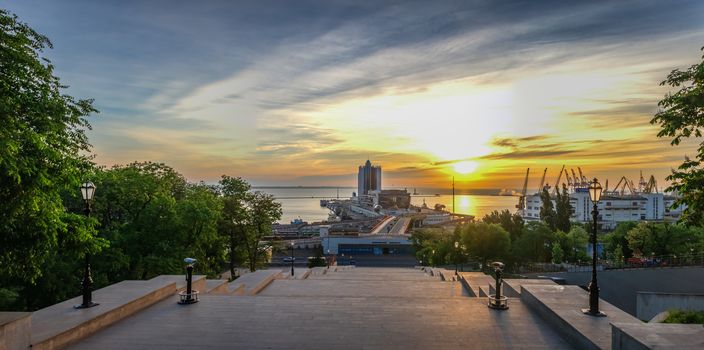 Giant staircase and Monument to Duc de Richelieu on Primorsky Boulevard in the city of Odessa, Ukraine. Panoramic view in a summer morning