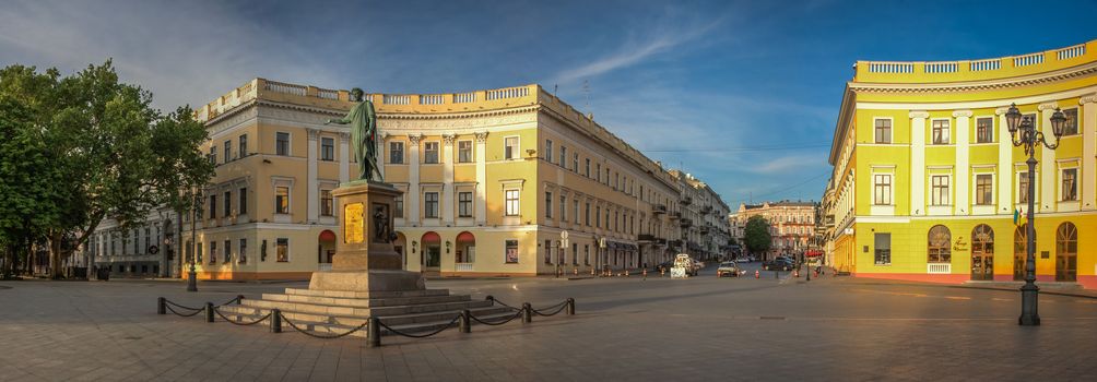 ODESSA, UKRAINE - 05.16.2018. Giant staircase and Monument to Duc de Richelieu on Primorsky Boulevard in the city of Odessa, Ukraine. Panoramic view in a summer morning