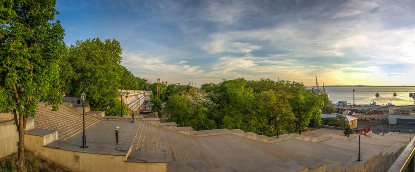 Giant staircase and Monument to Duc de Richelieu on Primorsky Boulevard in the city of Odessa, Ukraine. Panoramic view in a summer morning