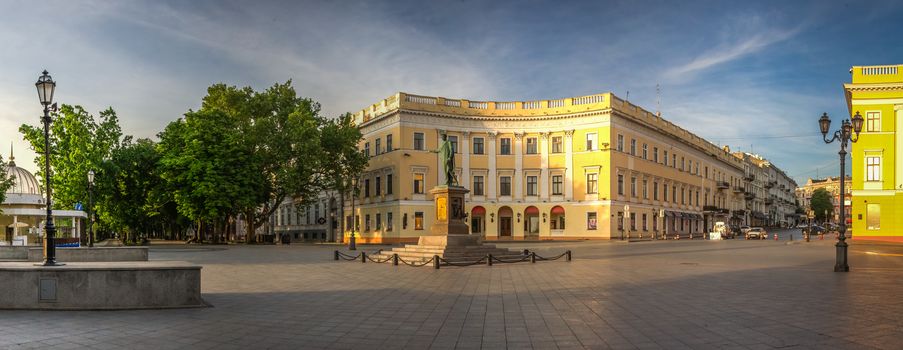 Giant staircase and Monument to Duc de Richelieu on Primorsky Boulevard in the city of Odessa, Ukraine. Panoramic view in a summer morning