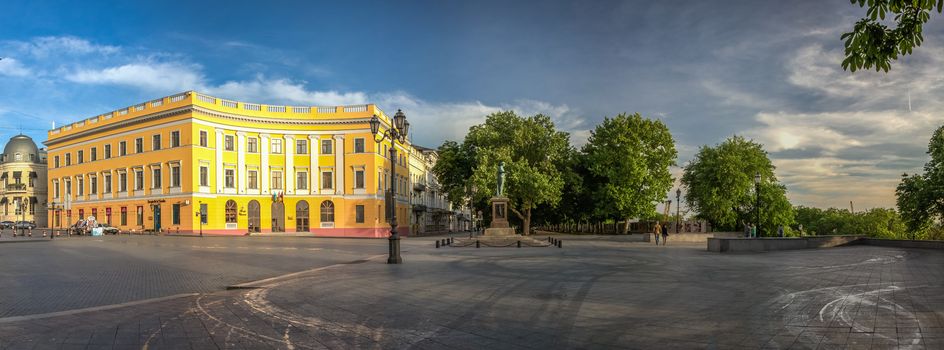 ODESSA, UKRAINE - 05.16.2018. Giant staircase and Monument to Duc de Richelieu on Primorsky Boulevard in the city of Odessa, Ukraine. Panoramic view in a summer morning