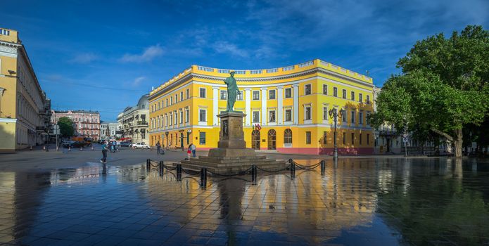 ODESSA, UKRAINE - 05.16.2018. Giant staircase and Monument to Duc de Richelieu on Primorsky Boulevard in the city of Odessa, Ukraine. Panoramic view in a summer morning