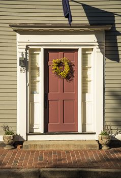 Red Front Door with decoration in Boston MA, USA