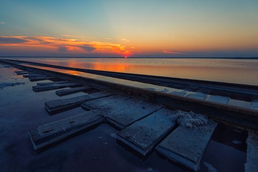 Beauty sunset on salty lake in Altay, Siberia, Russia