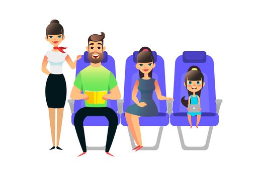 Happy cartoon family travel. Travelling people passengers and on board of the airplane. Man woman ang girl sit in an armchair. Father with book, gaughter with gadget
