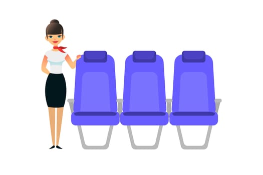 The stewardess is waiting for the passengers. Flight attentant female stands near the row seats. flat colorful illustration of blue seat. Cartoon interior airplane empty seats