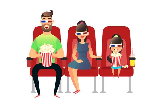 Happy family watching movie in the cinema. Mom, Dad and daughter in 3d glasses. Man, woman and girl sit on the seats and watch premiere with popcorn and drinks. Group of people watch screen