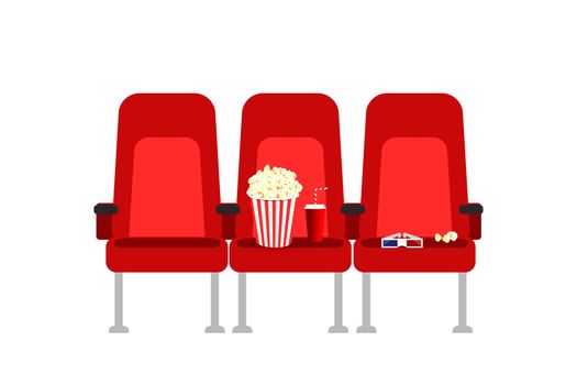 Cinema seats in a movie with popcorn, drinks and glasses. Flat cartoon Cinema seats illustration. Movie cinema premiere poster concept design. Show time