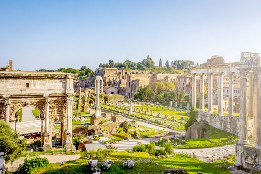 Roman Forum in Rome, Italy. Rome landmark and antique architecture. Ancient Forum was the center of social life in Rome