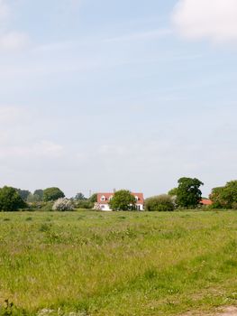 farmer's field landscape background sky spring nature agriculture white cottage house; essex; england; uk