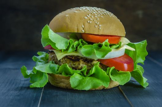 Closeup of home made burgers on wooden background