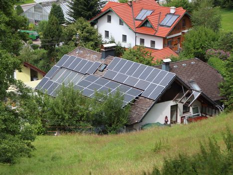 Solarcells on Building Roof in Aerial Perspective