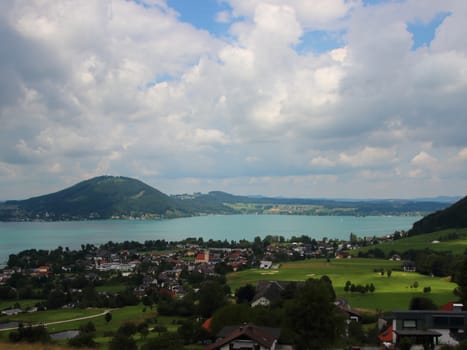 View over Northern Part of Attersee Lake Austria with Mountain Background