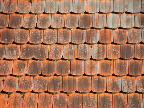 Red Industrial Tile Roof with Alga and Patina background