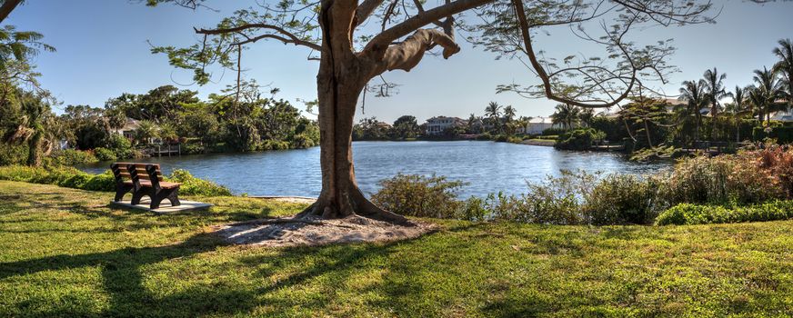 Scenic view of a pond and a park from a bench in Naples, Florida