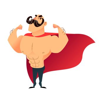 Strong cartoon funny superhero. Power super hero man with cape. Flat athlete character. Muscular brutal athletic guy with mustache. Strongman proudly shows his muscles in strong arms