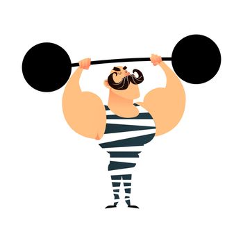 Funny cartoon circus strong man. A strong muscular athlete lifts the barbell. Retro sportsman with a mustache. Flat guy character with heavy metal barbell. Bodybuilder illustration. Power Circus artist