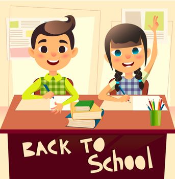 Pupils during class at the elementary school. Schoolgirl raising her hand. Schoolboy writes in notebook. Children at the desk at the lesson. Back to school concept flat illustration