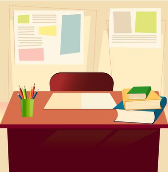 Student table with textbooks, copybook, pensils in elementary school classroom background. Interior of school classroom front view. Back to school supplies backdrop. Flat concept. Empty space for text