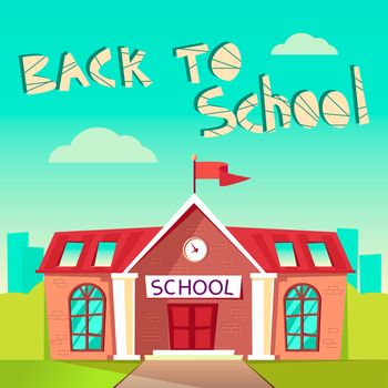 Back to School concept. Building schoolhouse flat illustration. Education poster. Elementary, high school background